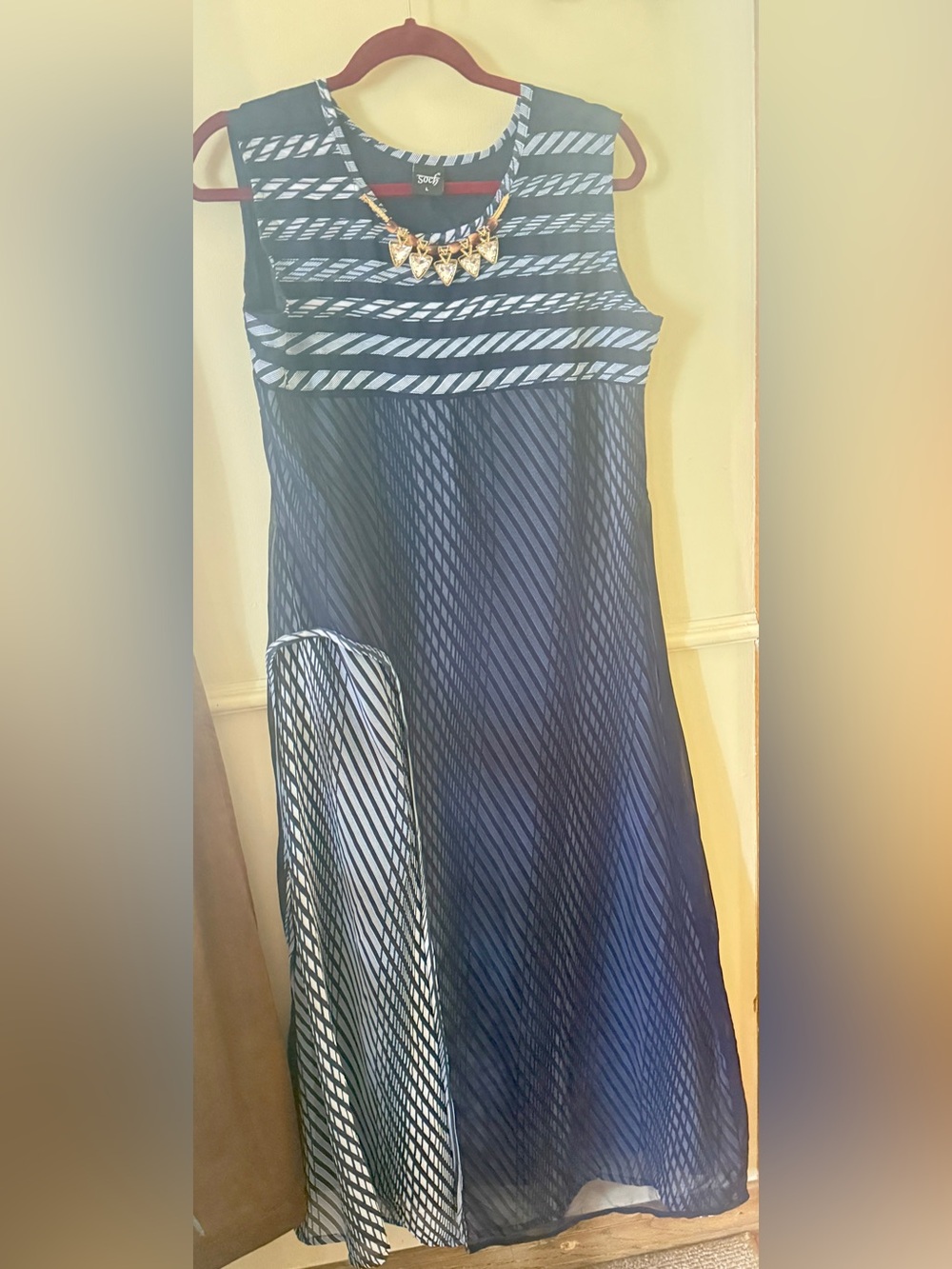 Soch Navy Blue Striped Sleeveless Maxi Dress with Built-in Necklace - Size L